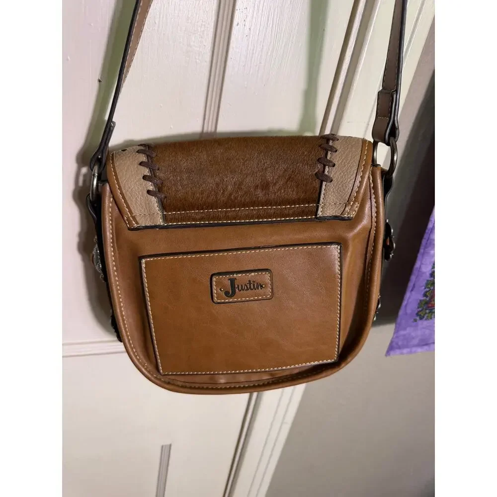 Justin Western Crossbody Purse Cowhide Look Concho Saddle Bag Brown NWT